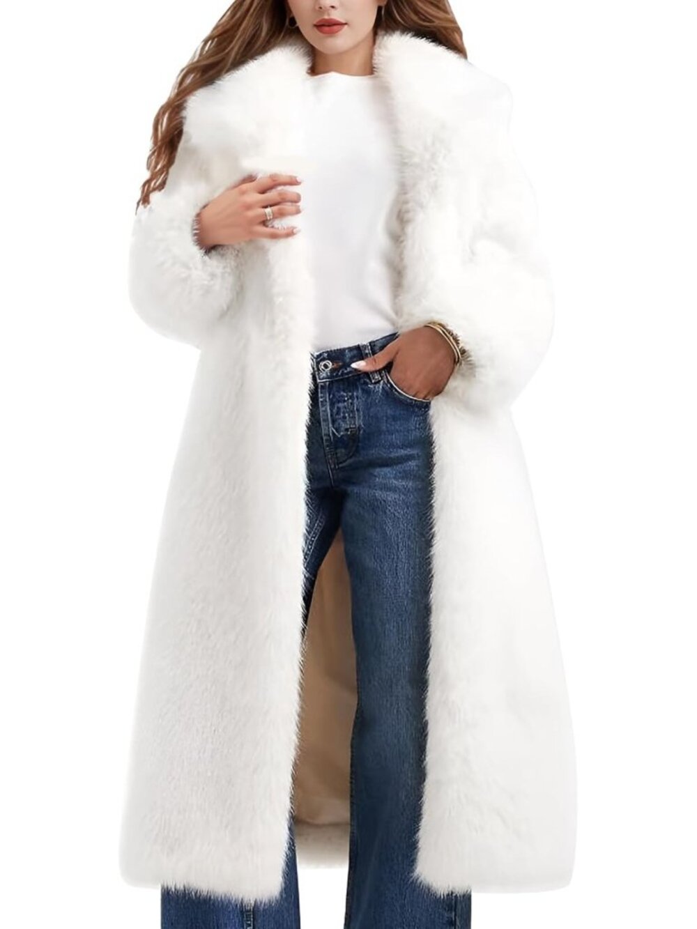 Cozy Long Faux Fur Coat for Women | Fluffy Lapel Open Front Jacket